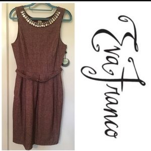 Eva Franco Tweed Embellished Neckline Belted Dress